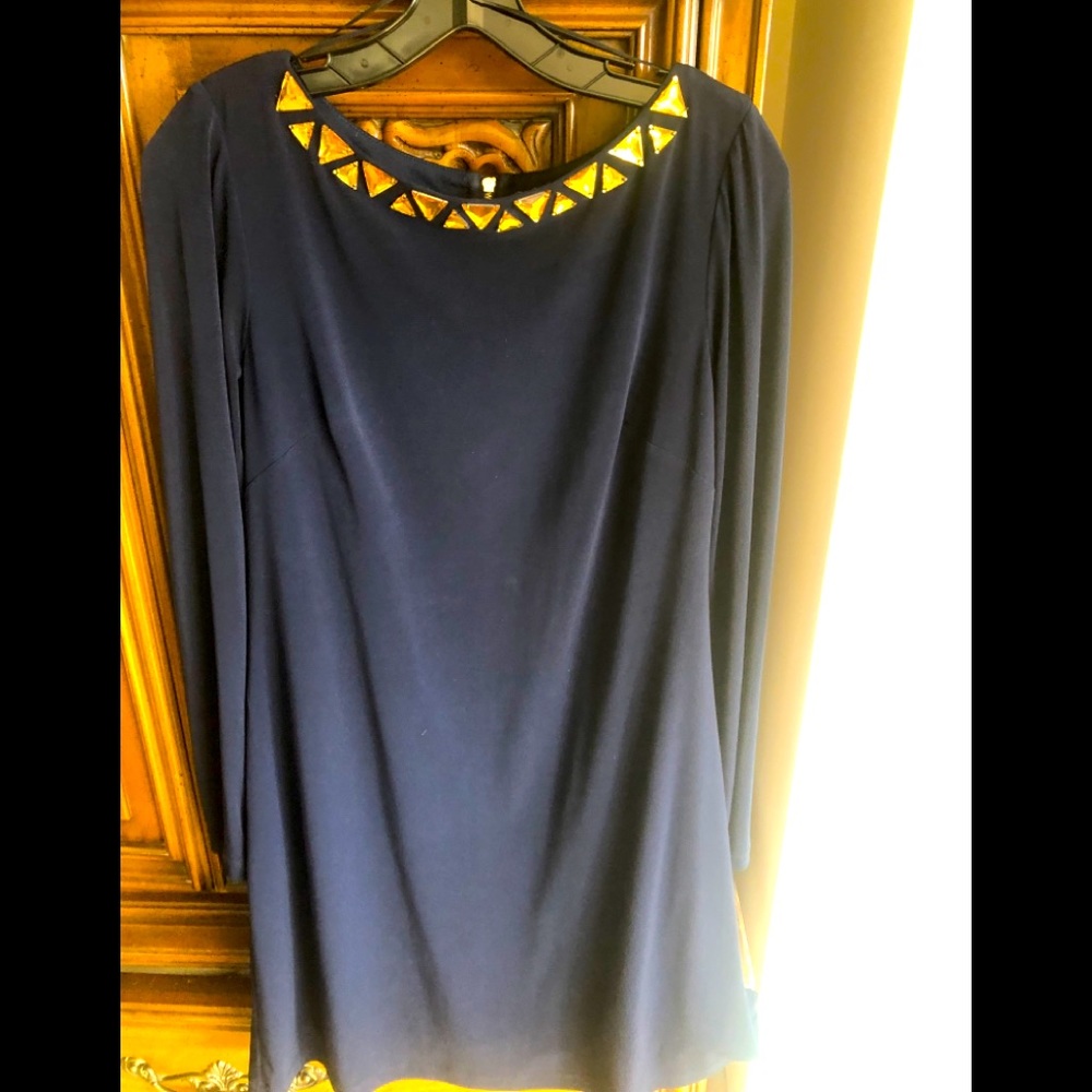 Vince Camuso Navy blue dress with gem neckline